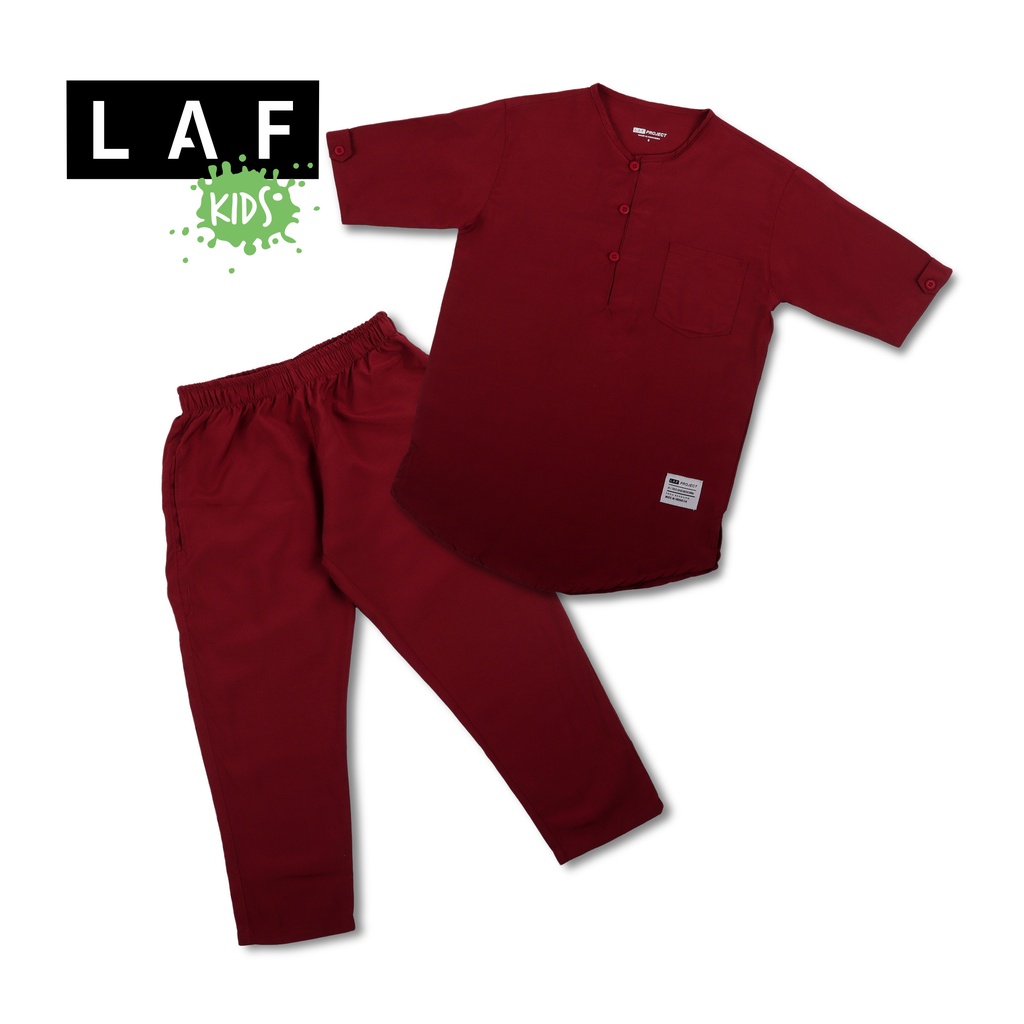 Baju Kurta Anak Laki-Laki Lengan Pendek Setelan Celana Merah Maroon Katun Premium LAF Project