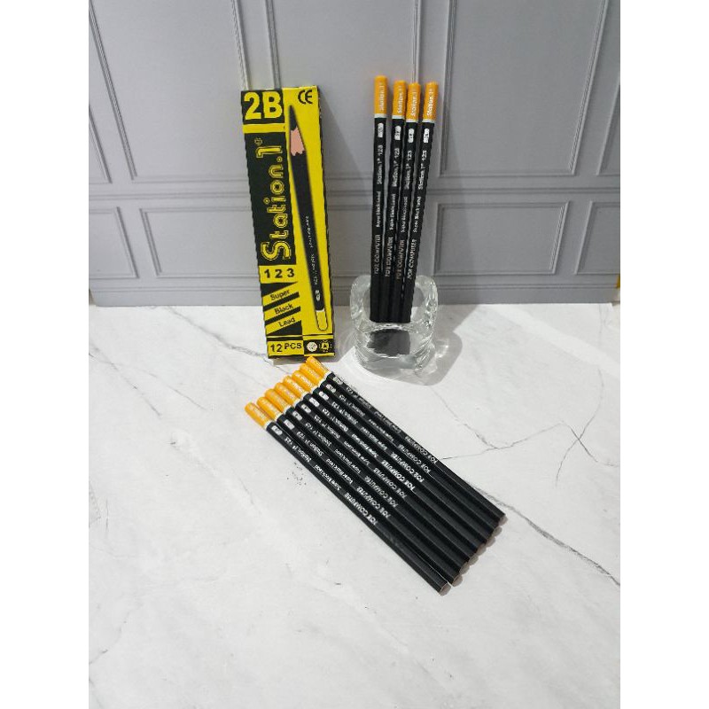 (12pc) pensil 2B murah/pensil 123/pensil kayu/pensil station 1-Kuning