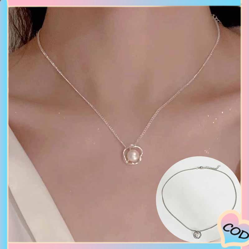 COD❤️Tren Mewah Wanita Ringan Mawar Berongga Kalung Liontin Mutiara Imitasi-A.one
