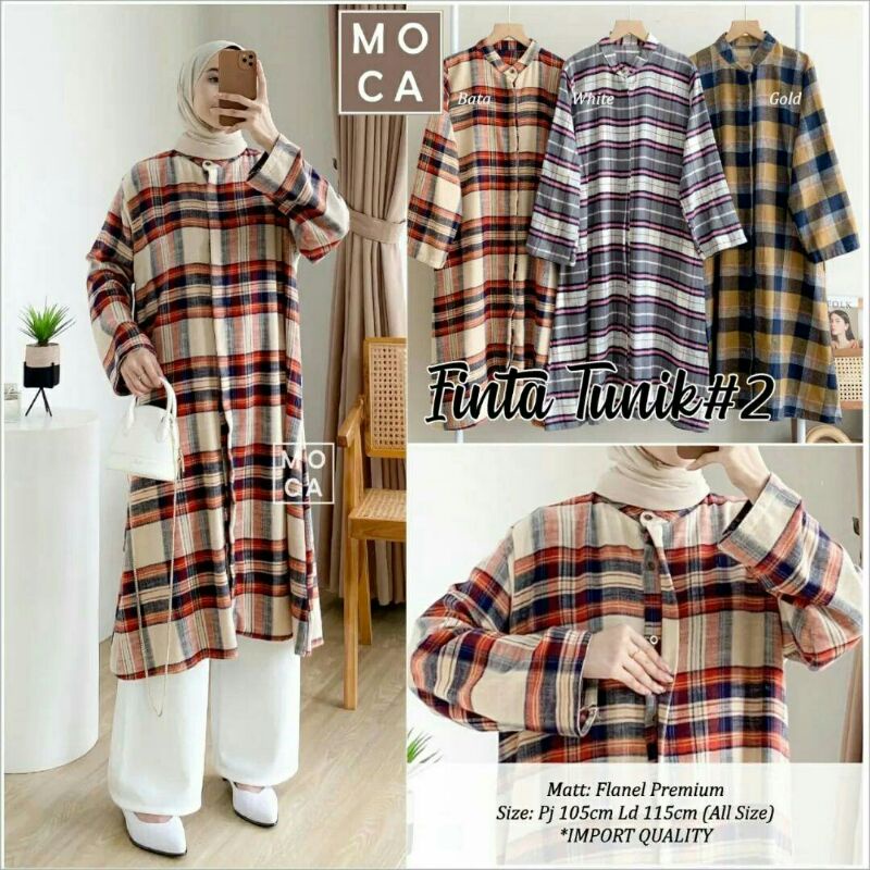 Finta Tunik wanita tunic Katun import premium big size XXL kancing LD115 jumbo motif kotak kotak 2