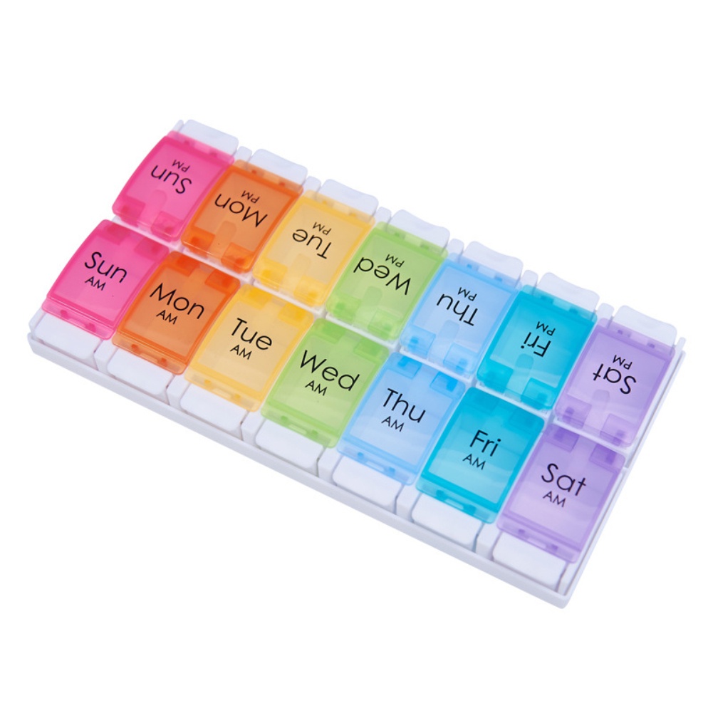 Portable Pill Box 14-Compartment Detachable Double-Row Button Bounce Pill Box Colorful Plastic Pill Box OWT