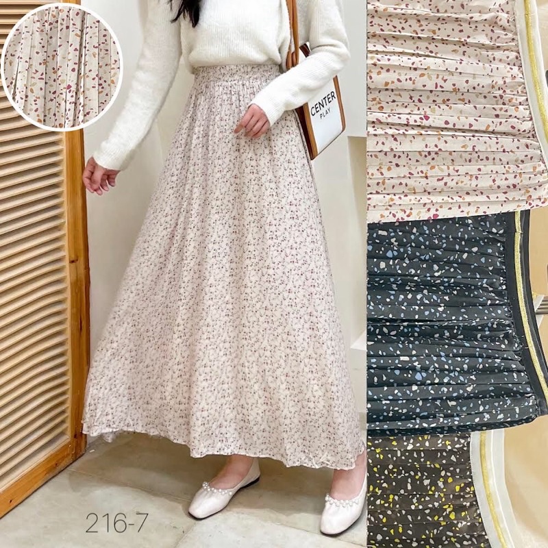 Korean Chiffon Flower Pleated Long Skirt with Gold List Import Premium ( Rok Sifon Korea Prisket Panjang Lis Pinggang Emas )