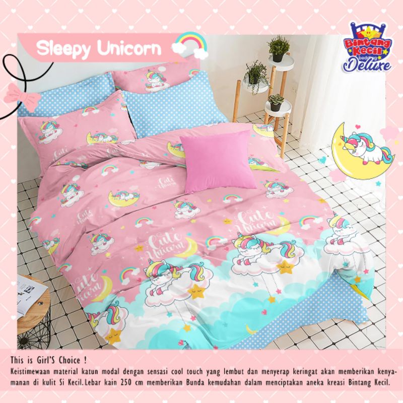 KAIN SPREI METERAN KATUN CVC MOTIF SLEEPY UNICORN PINK