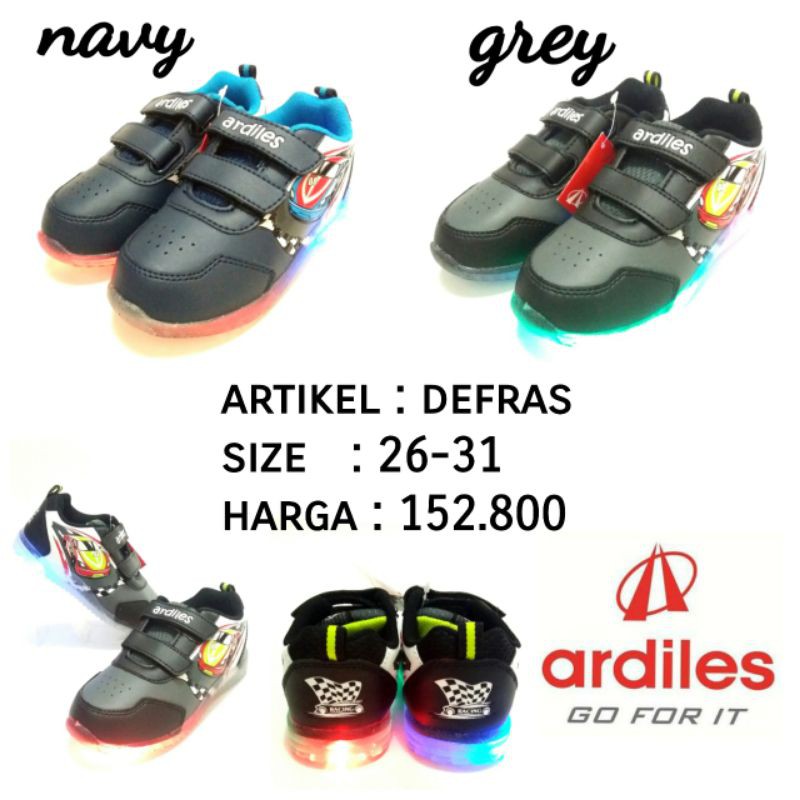 Sepatu Anak Lampu TK Cowok Gambar Mobil LED Bisa Nyala Merk Ardiles Artikel Defras Size 26-31