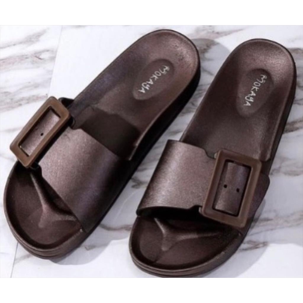 ( Best Seller ) Sandal Slop Jelly Wanita Gesper Besar Simple Pretty Casual Import Mokaya / Size 37-41 (8128-983)-coklat tua