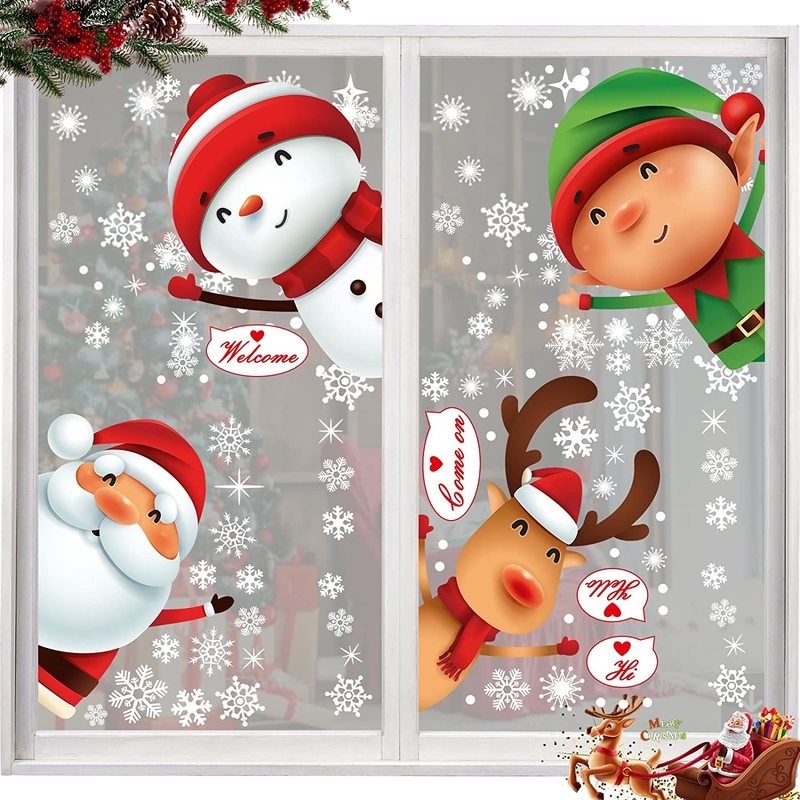1 Lembar Stiker Dinding / Jendela Kaca Statis Desain Snowflake Santa Claus Untuk Dekorasi Natal