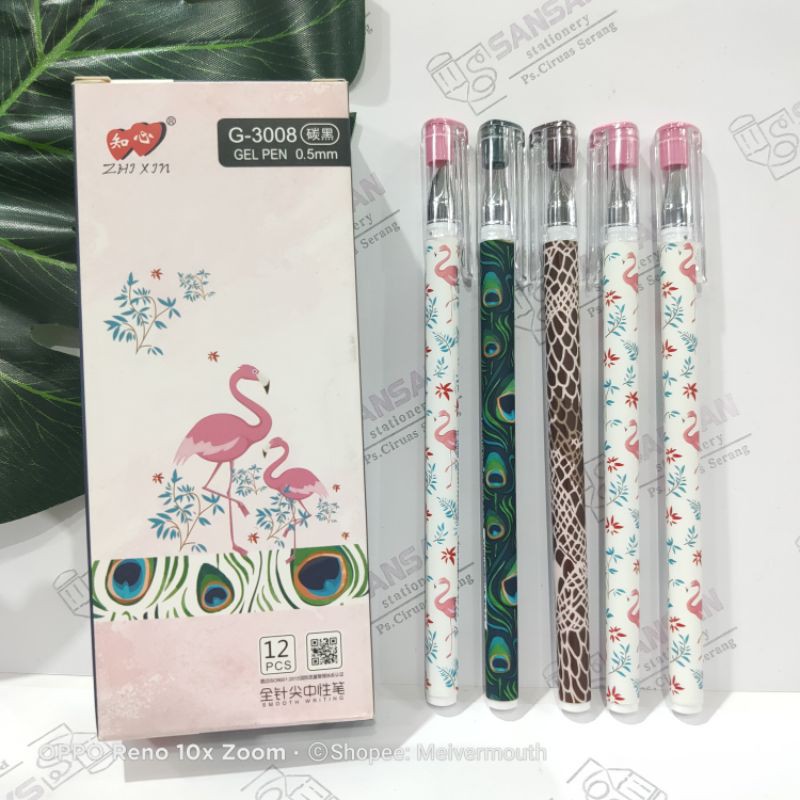 

ISI 12PCS Pulpen Gel ANTI MACET Karakter Swan / Flamingo Zhi Xin