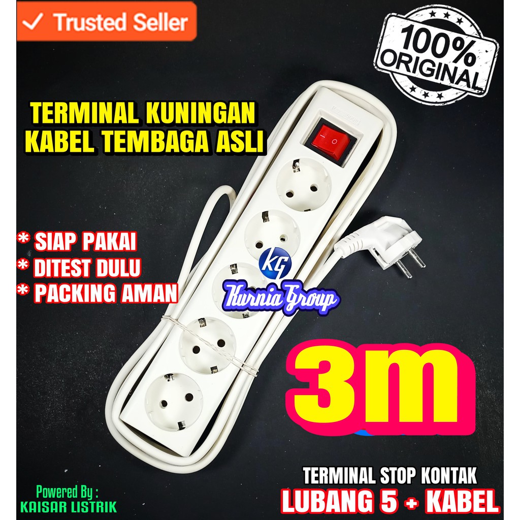 Terminal Stop Kontak Lubang 5 + Kabel 3M Kabel Colokan Roll Extension Terminal kuningan Kbl Tembaga