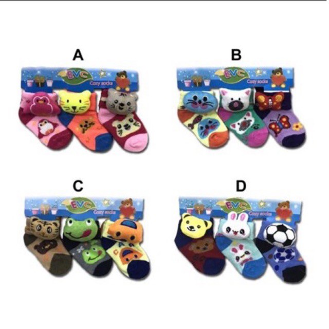 CHID KIDS Kaos Kaki Bayi Baby 3in1 (isi 3) Motif CEWE / COWO RANDOM 3 PASANG BONEKA KECIL