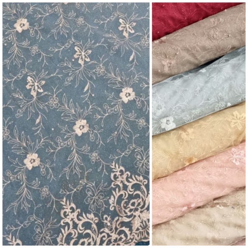 Kain Bahan Brokat Tile Motif Akar Bunga Tumpal / Tile Akar Mutiara