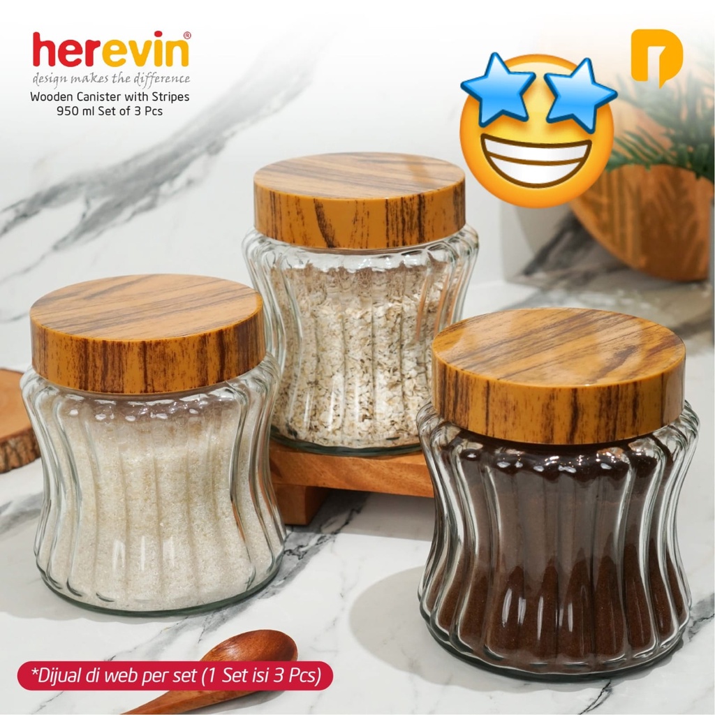 Herevin Wooden Canister with Stripes 950 ml Set of 3 Pcs