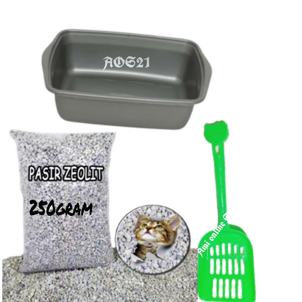 litter box lengkap size M  pasir zeolit 250gram serokan kotoran/pup kucing dll