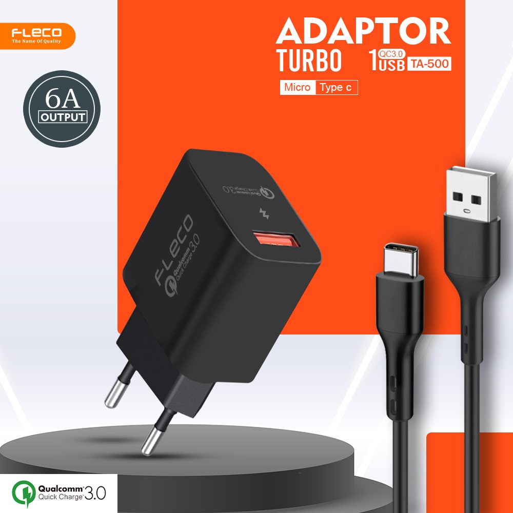 Charger FLECO TA-500 fast charging Quick 3.0 kepala Cas original Wall Charger 6A Micro Type C