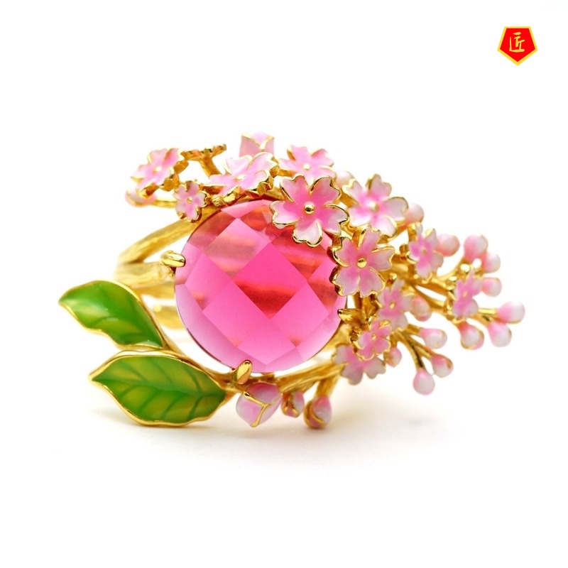 [Ready Stock]Diamond Pink Flower 18K Gold Ring Amethyst Noble Elegant Graceful