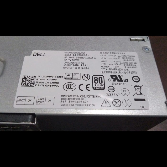 PowerSupply PC Dell Optiplex 390 790 990 3010 DPS-250AB-67 AC250ES-00