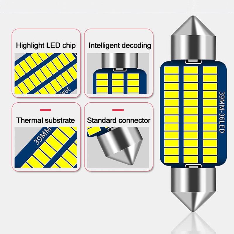 50 Pcs Bohlam Lampu Canbus LED SMD 3014 C5W C10W Ukuran 31mm 36mm 39mm 41mm Untuk Interior Mobil