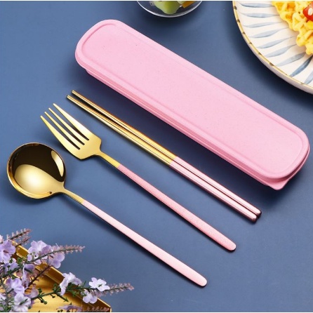 Set Alat Makan Korea Stainless, Box Sendok Garpu Sumpit Gold Oval 4 in 1 Portable-7