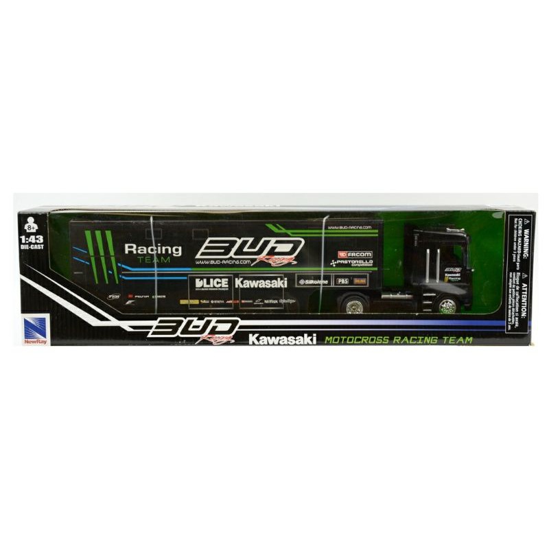 Mainan Mobil Truk Kontainer Bud Recing Kawasaki Motocross Recing Team Newray 1:43 Diecast Miniatur Trucks Box
