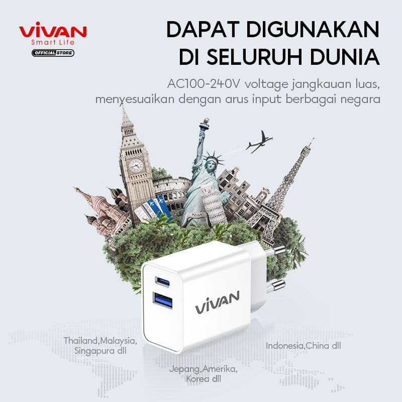 ADAPTOR CHARGER DUAL OUTPUT PD QUICK CHARGE 3.0 3A VIVAN POWER 25
