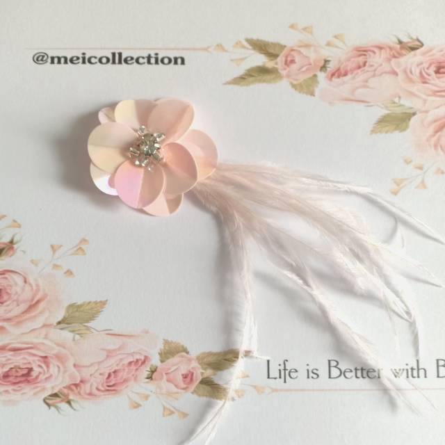 (isi 6pcs) APB Julietta payet rangkai bunga 3d baby pink dengan bulu ostrich