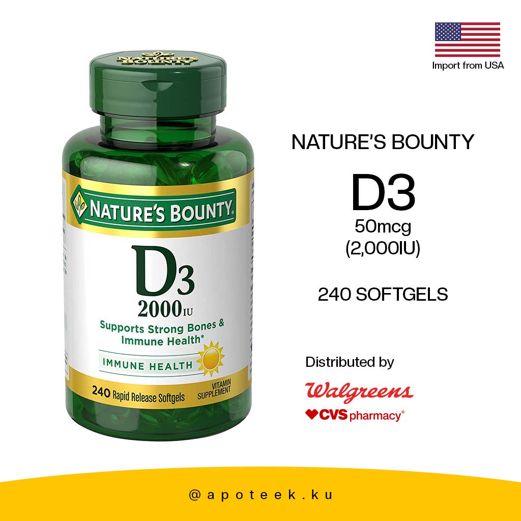 FREE ONGKIR NATURE'S BOUNTY VITAMIN D3 50MCG 2000IU 350/240 SOFTGELS - MADE IN USA & IMPORT USA