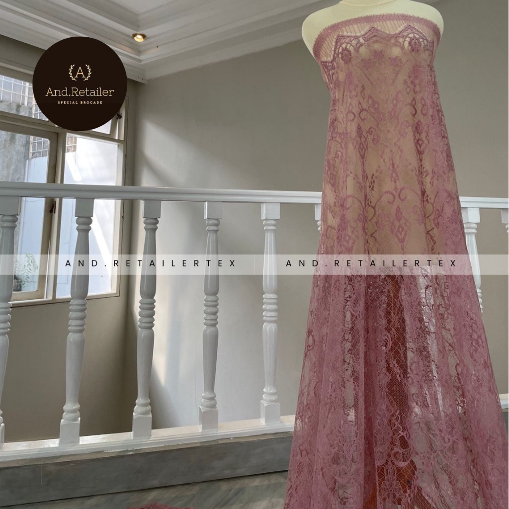 Bahan Kebaya Brokat Semi France Lace Chantily Shantily Katun Per panel 2,5m Warna Dusty Pink