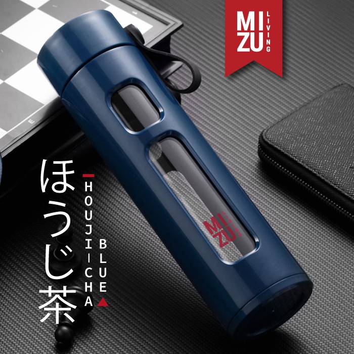 HOUJI-CHA Glass Water Bottle Botol Air Minum Kaca Tumbler 450ml Saringan Teh Infused Water BPA-Free-BLUE