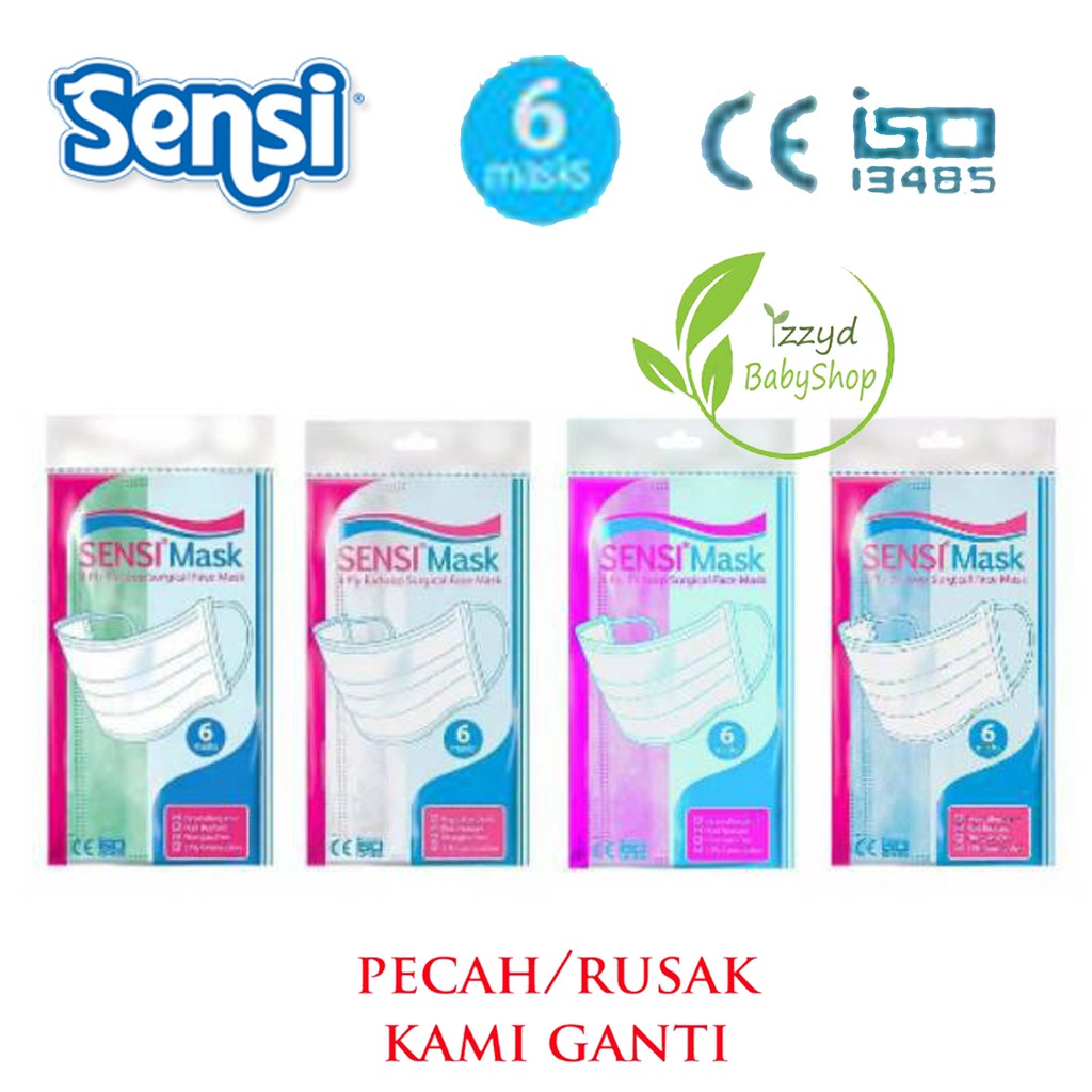 Masker Sensi protecktor Earloop Surgical Face Mask isi 6pcs hijau putih pink biru