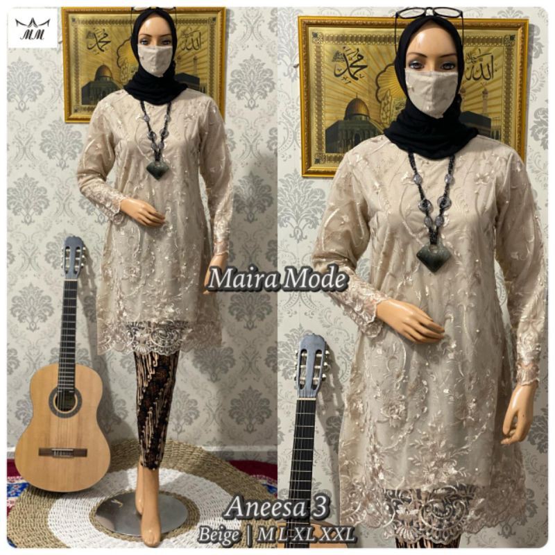 SET KEBAYA TUNIK TULLE - KEBAYA TUNIK ANEESA 2 - KEBAYA WISUDA - KEBAYA KONDANGAN - KEBAYA BROKAT-Cream
