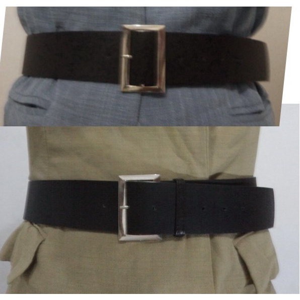 Ikat Pinggang Belt Fashion Obi Wanita Kulit PU Lebar Hitam Gesper Kotak Besar Silver