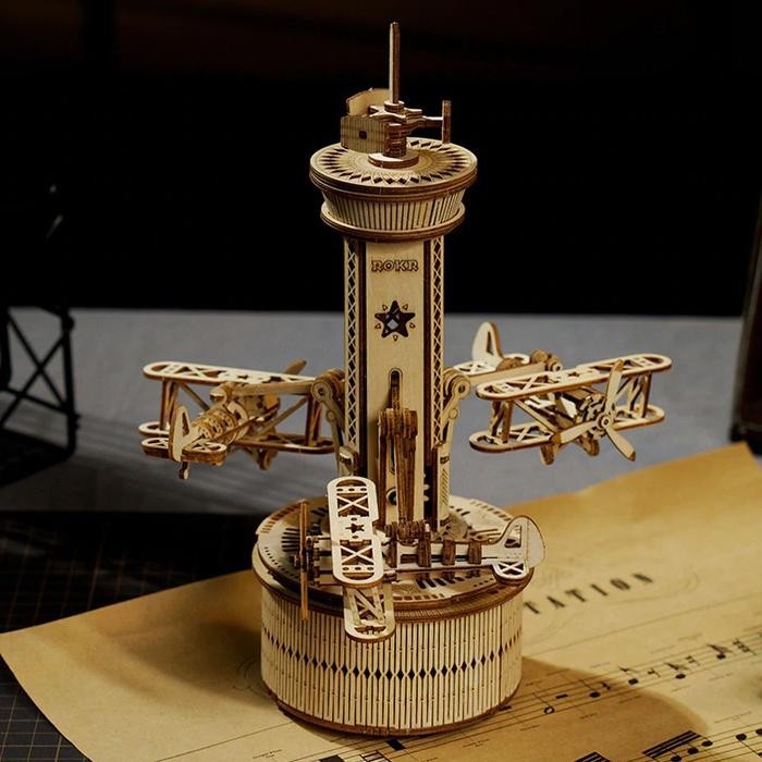 ROLIFE Robotime Airplane Control Tower Mechanical Music Box Amk41 Hobby And Toy Collection
