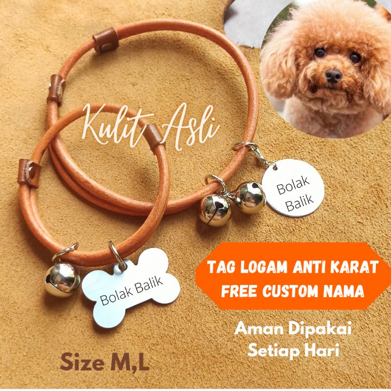 KALUNG ANJING TAG LOGAM CUSTOM NAMA DUA SISI KULIT ASLI by iPet