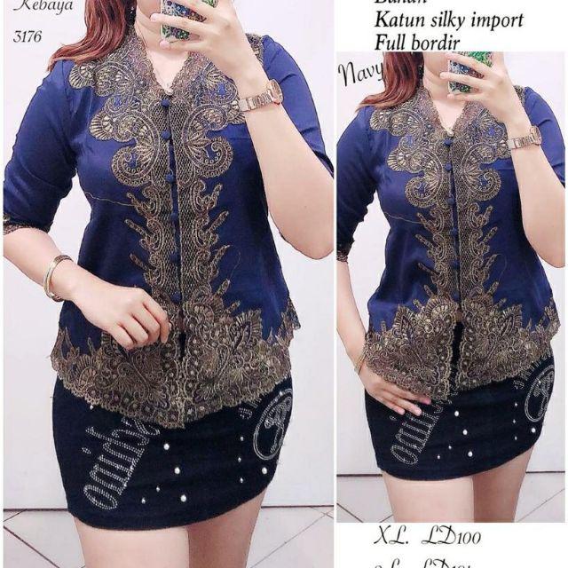 Promo kebaya Encim senada modern silky Korea import aplikasi brukat renda bordir-Navy