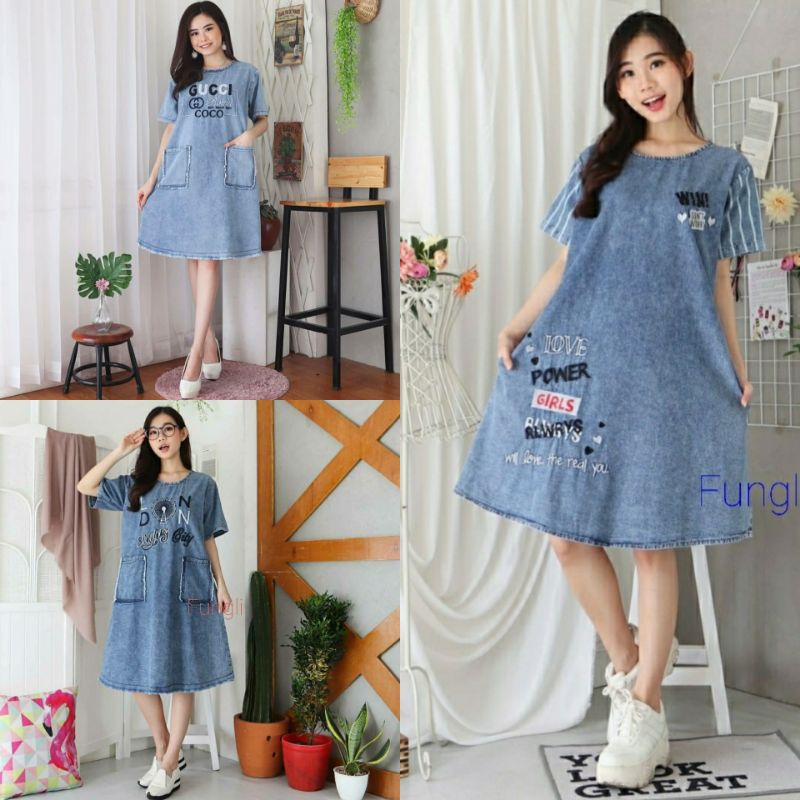 Midi Dress Wanita Korean style - Midi Dress Oversize - Midi Dress Wanita jeans wash