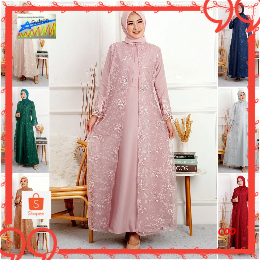 Gamis Hena Busui TilLe Mutiara Maxi Dress Lebaran Brukat Tulle Longdress Pesta Baju Muslim 8 warna