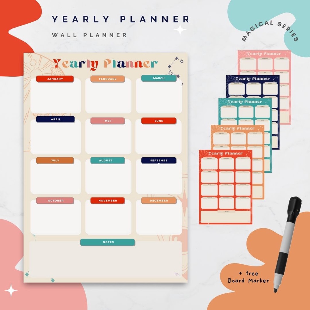 

Wall Planner Solucine - Magical Series - Yearly Planner, Monthly Planner, Weekly Planner - Free spidol + Reuseable - A3 / A4