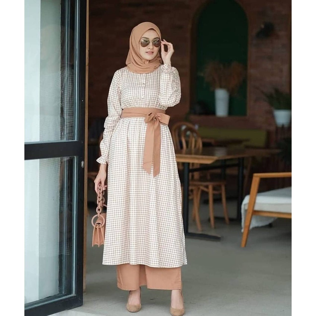 Square Set Baju Setelan Wanita Kekinian Set Celana Muslim Polos Atasan Long Tunik Busui Kotak Jumbo