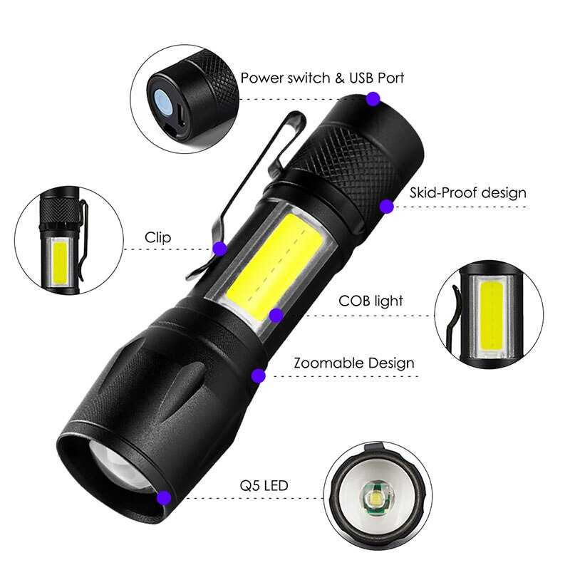 TaffLED Senter LED Mini Q5 + COB 300 Lumens with Battery - 7098-Hitam