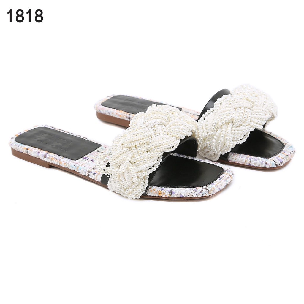 ZR Pearl Detail Woven Slide Sandals #1818