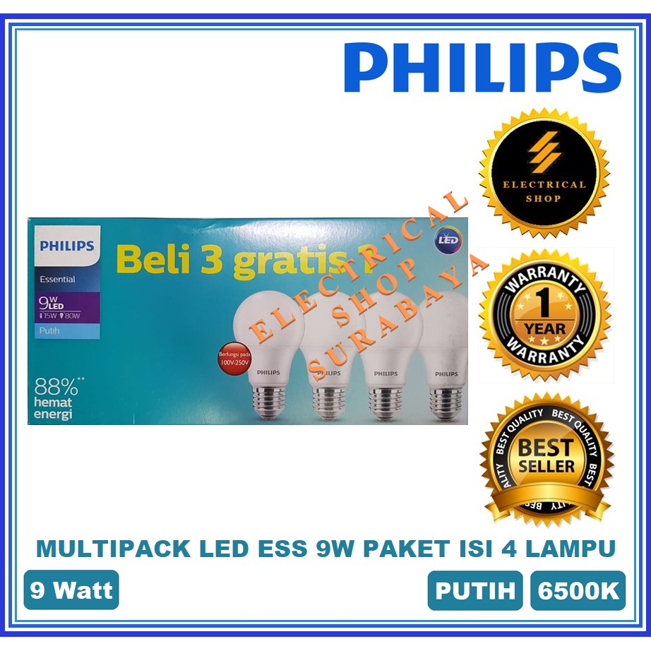 PHILIPS LAMPU LED ESSENTIAL MULTIPACK 9W 9 W WATT PUTIH (GROSIR) ESS BULB BUNDLING PAKET 3 GRATIS 1