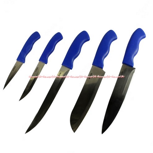 Krischef Blue Knife Set 5pcs Pisau Dapur Warna Biru 1set Dengan Tempat Box Bulat Blue Holder Kris Chef Blue Knifeset