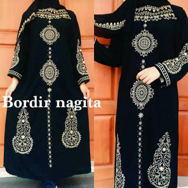 Abaya Bordir NAGITA Bahan Saudi Jetblack Syar'i / Abaya Hitam Arabian Style INDO ABAYA