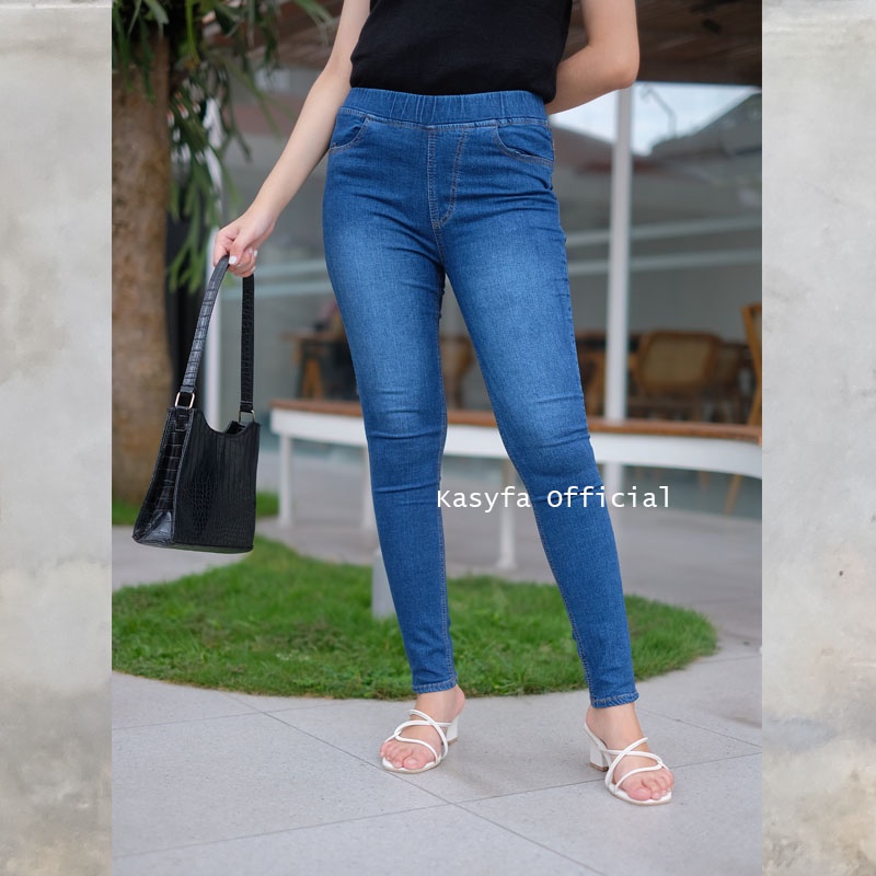 RHIANA JEGGING JEANS POLOS WANITA // CELANA JEANS PINGANG FULL KARET