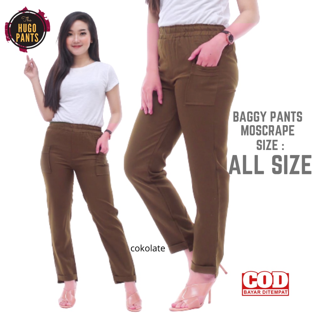 Baggy Pants Celana Panjang Wanita Bahan Moscrape Pinggang Karet Murah // All Size Fit To XL