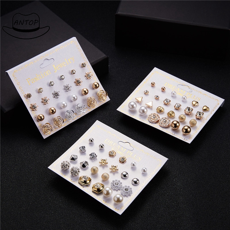 Antop!12pair / Set Anting Berlian Bulat Gaya Korea Dial Untuk Wanita
