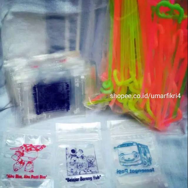 Paket 50 pouch 9x15cm sablon + 50 sedotan / paket pouch pudot / paket pouch sablon / pudot sablonl