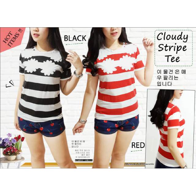 [Cloudy strip RO] Blouse Wanita Spandex Merah/Hitam