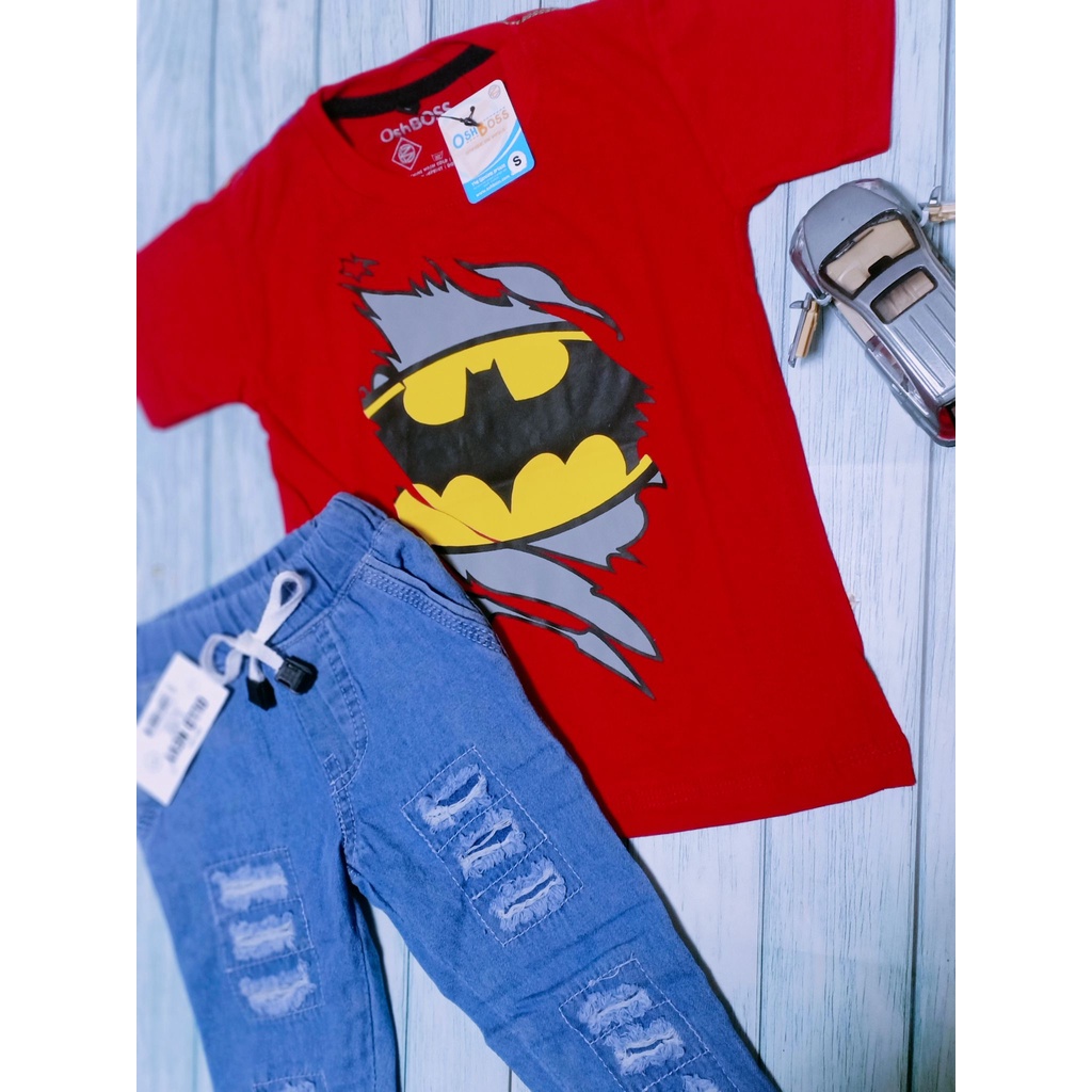 STJRP - Premium Setelan jogger ripped anak dan kaos distro karakter 1-8 tahun Part 1-Batman merah