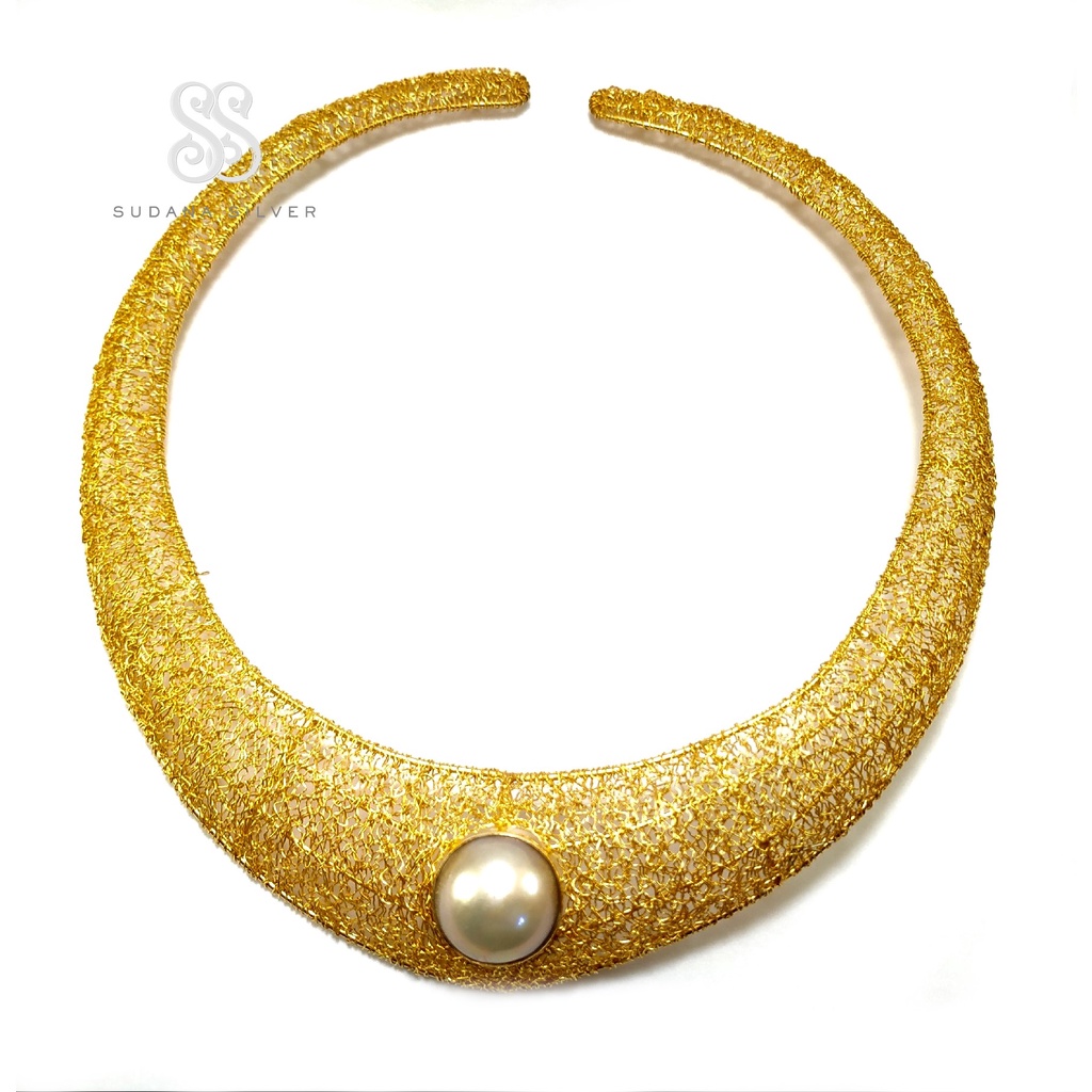 Kalung Choker Mutiara Kerawang Sebun Gold Plated Perak 925 Bali