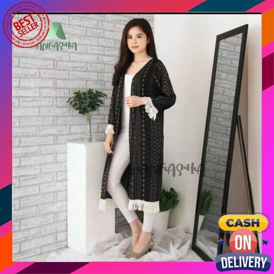 Cardigan Wanita Korean | Ilona Knite Cardy | Kardigan Rajut Murah Cardigan Kimono Rumbai Putih -Ca